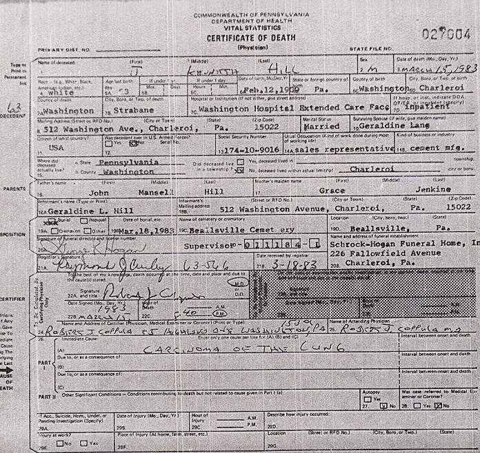 J. Kenneth Hilldeath certificate